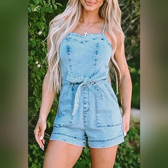 Denim Romper Shorts Sweetheart Sleeveless Belt Pocket Jean One-piece Jumpsuit - Picture 10 of 16